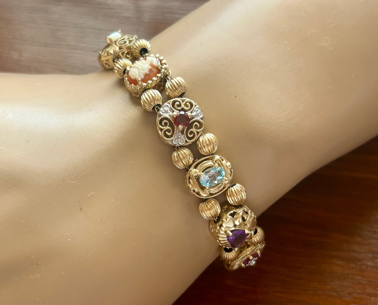 10k Yellow Gold Cameo Diamond Precious Stone Slide Charm Bracelet Richard Klein