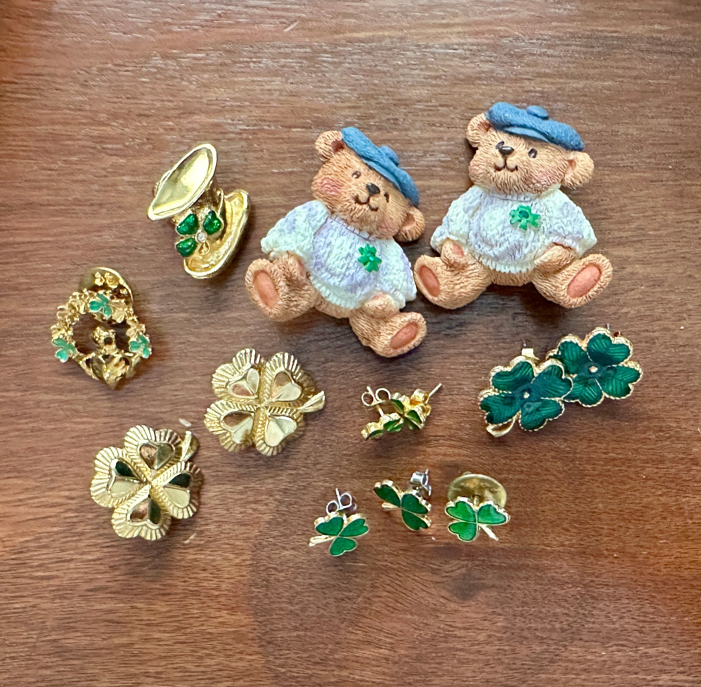Vintage Lot of Irish Clover Theme Jewelry Brooch Earrings Pinbacks Lapel Pins