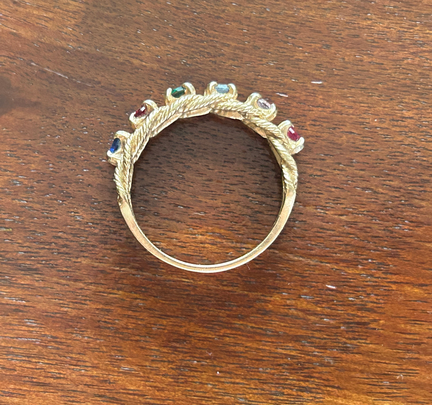 Vintage 10k Yellow Gold Multicolor Gemstone Rope Motif Band Ring Sz 8
