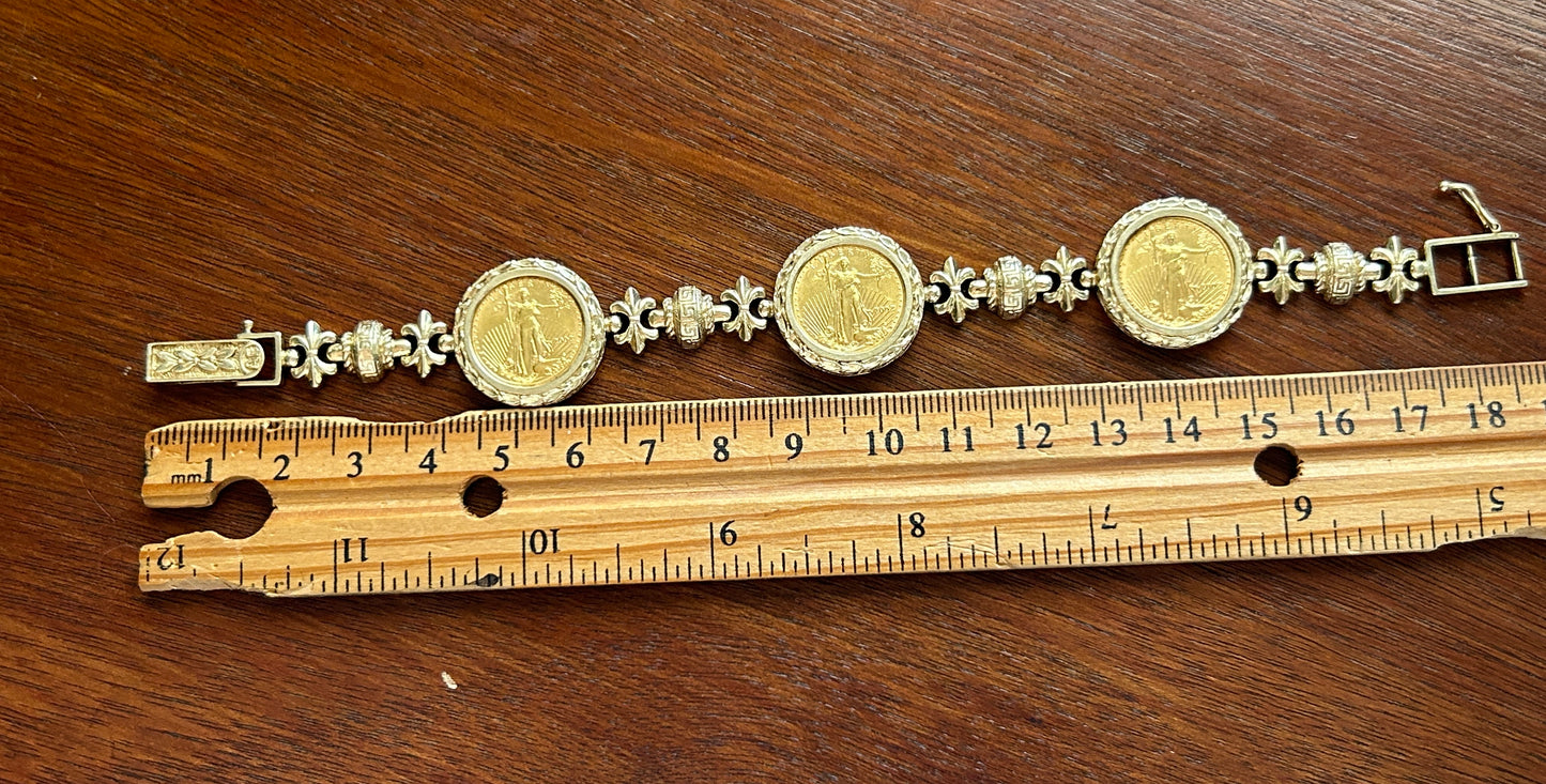 14k Yellow Gold 2002 1/10oz Fine Gold Liberty Coin Bracelet Greek Fleur De Lis