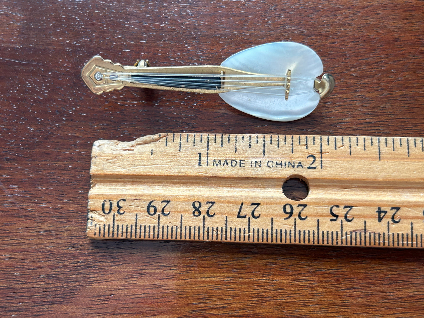 Vintage Gold Tone Mother of Pearl Guitar Brooch Pin