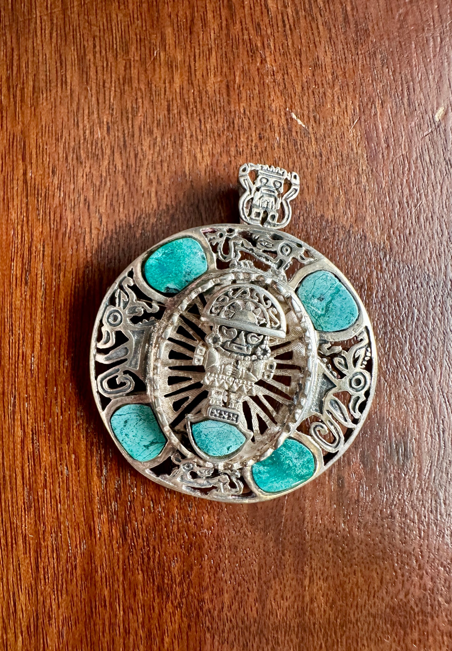 Vintage Sterling Silver 925 Turquoise Mayan Aztec Brooch Pin Necklace Pendant