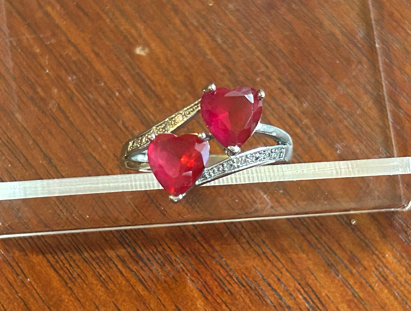 Sterling Silver 925 CZ Red Heart Bypass Style Ring Sz 6