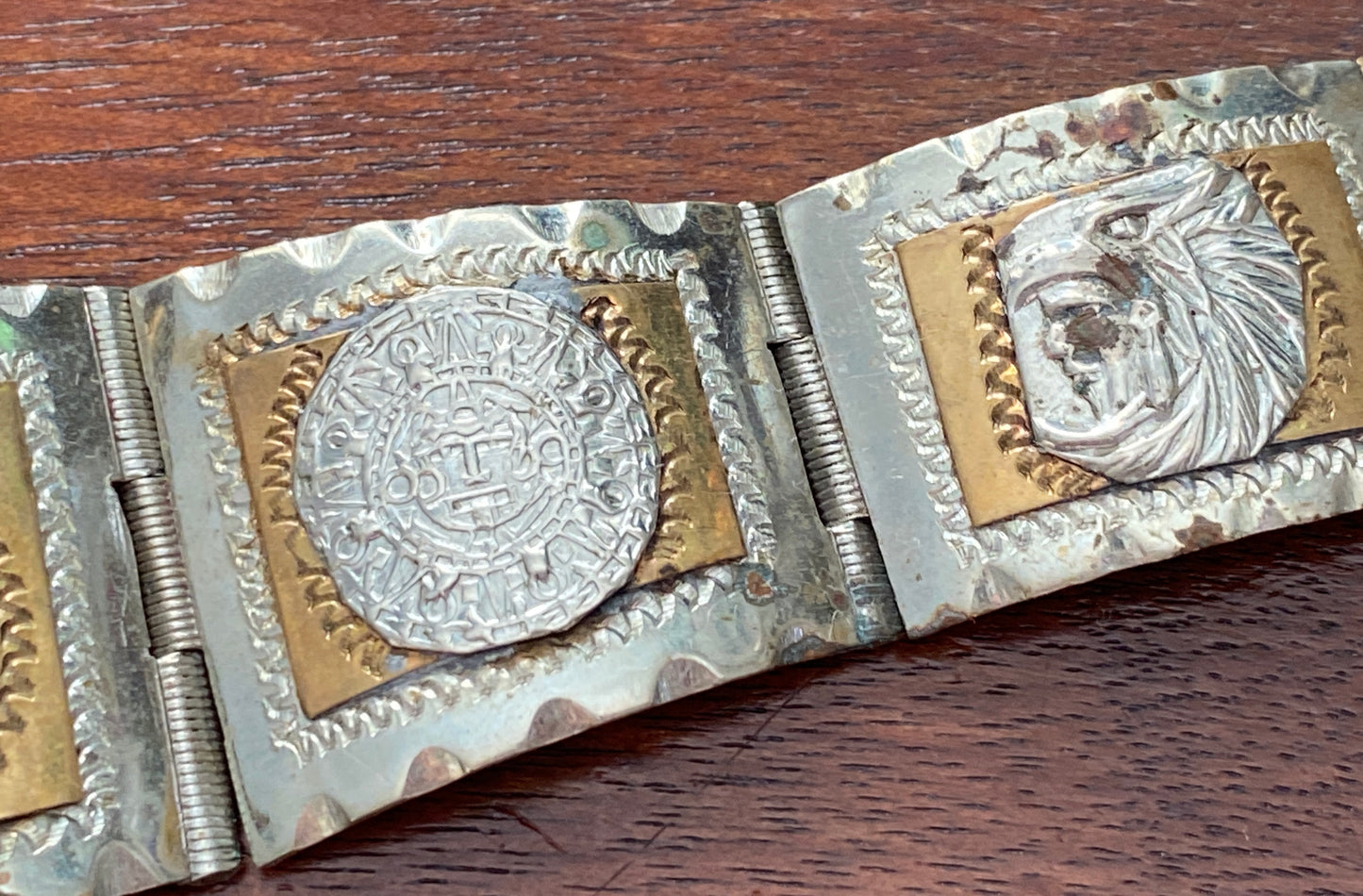Vintage Taxco Sterling Silver 925 Brass Aztec Panel Bracelet