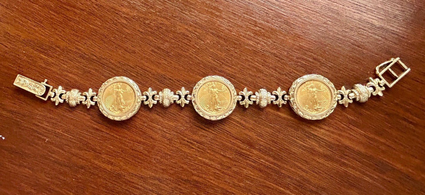 14k Yellow Gold 2002 1/10oz Fine Gold Liberty Coin Bracelet Greek Fleur De Lis