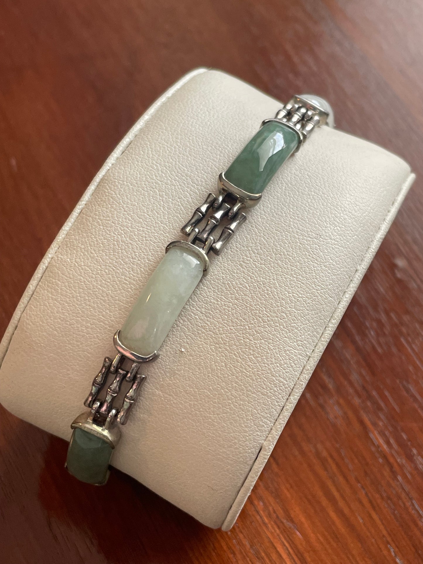 Vintage Sterling Silver 925 & Two Tone Jade Panel Bracelet Bambo Design