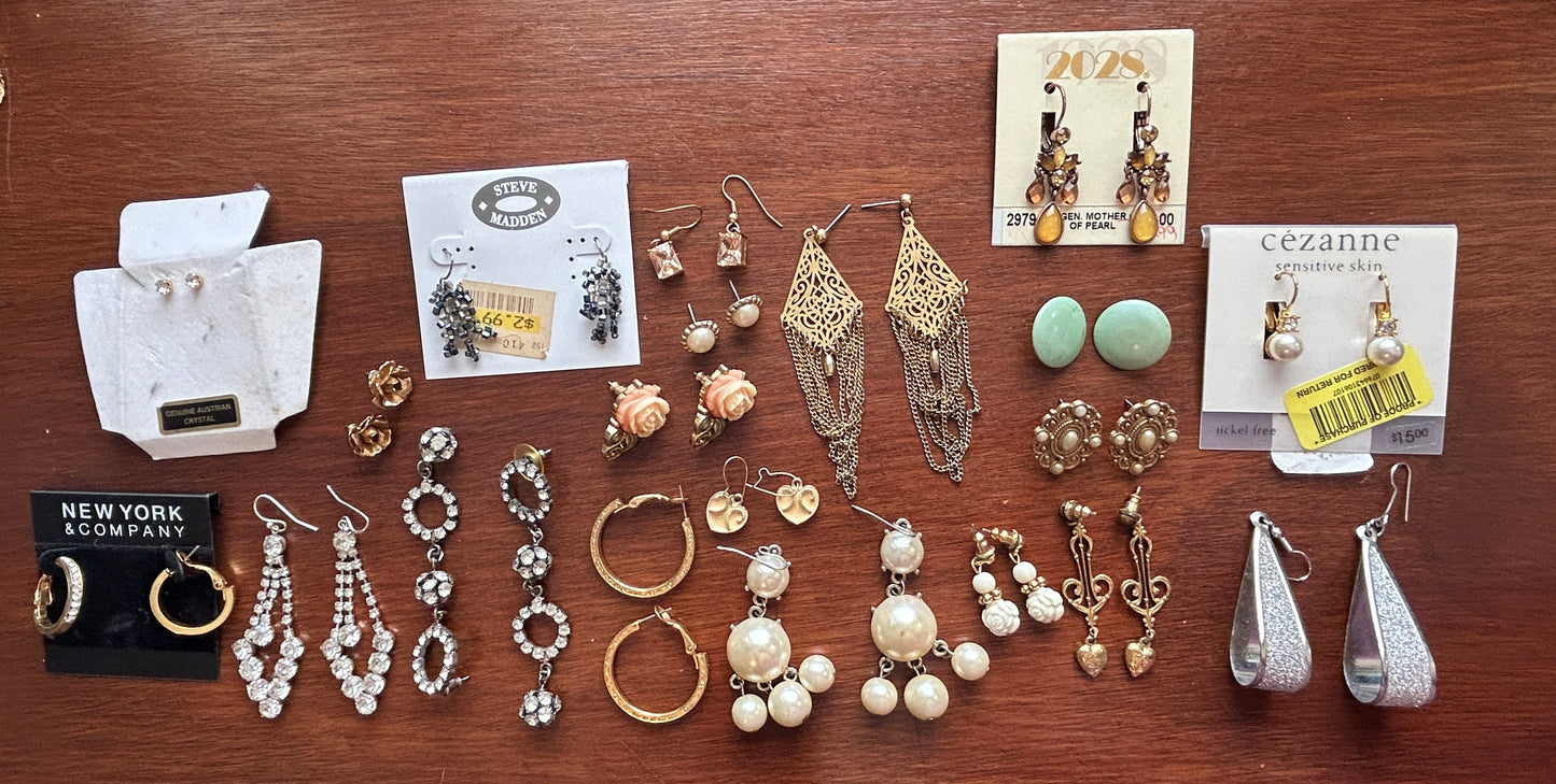 Pierced Earring Lot Chandelier Rhinestone Dangly Faux Pearl Gold Hoops Rose
