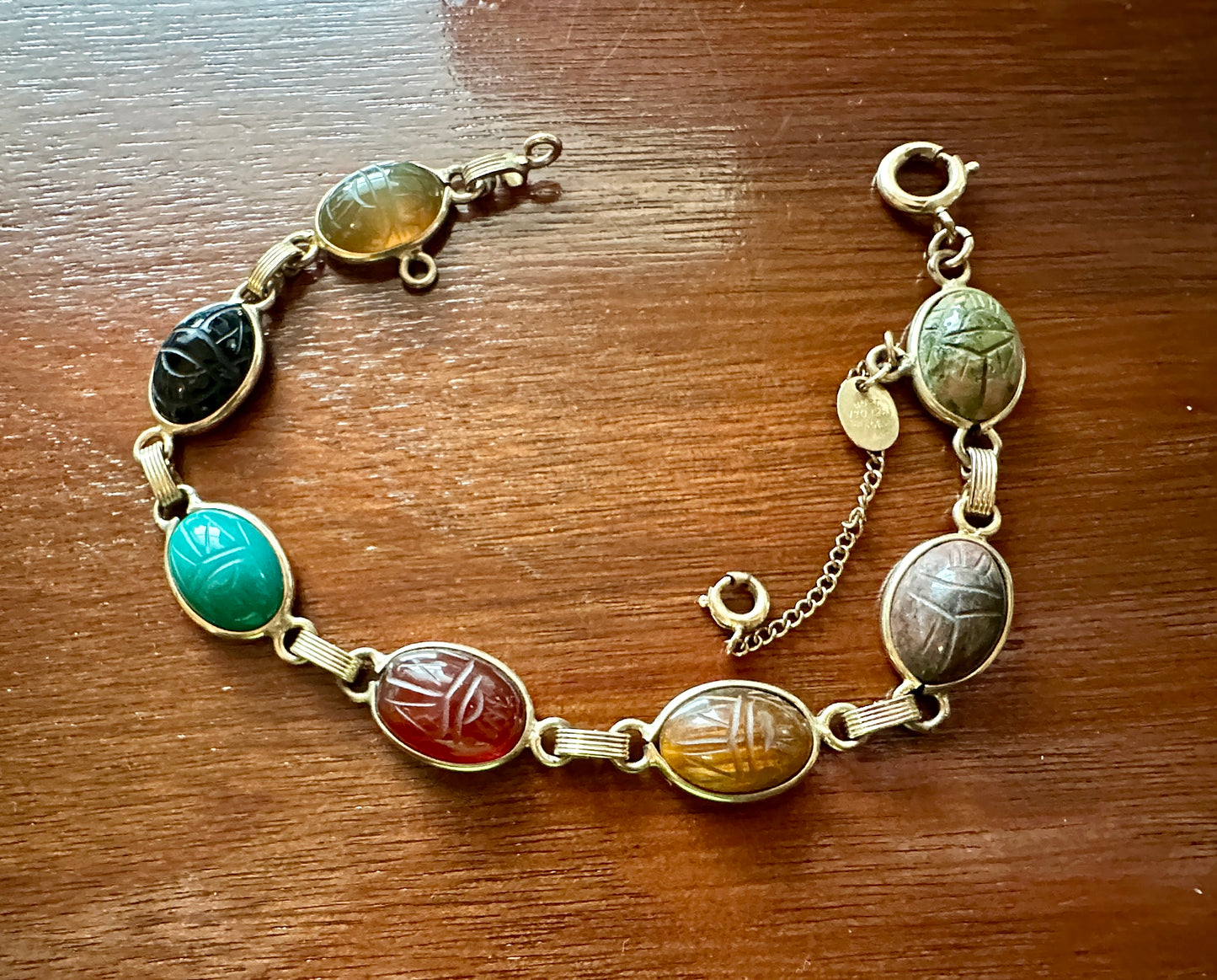 Vintage Signed Burt Cassell 12k Gold Filled Scarab Gemstone Bracelet