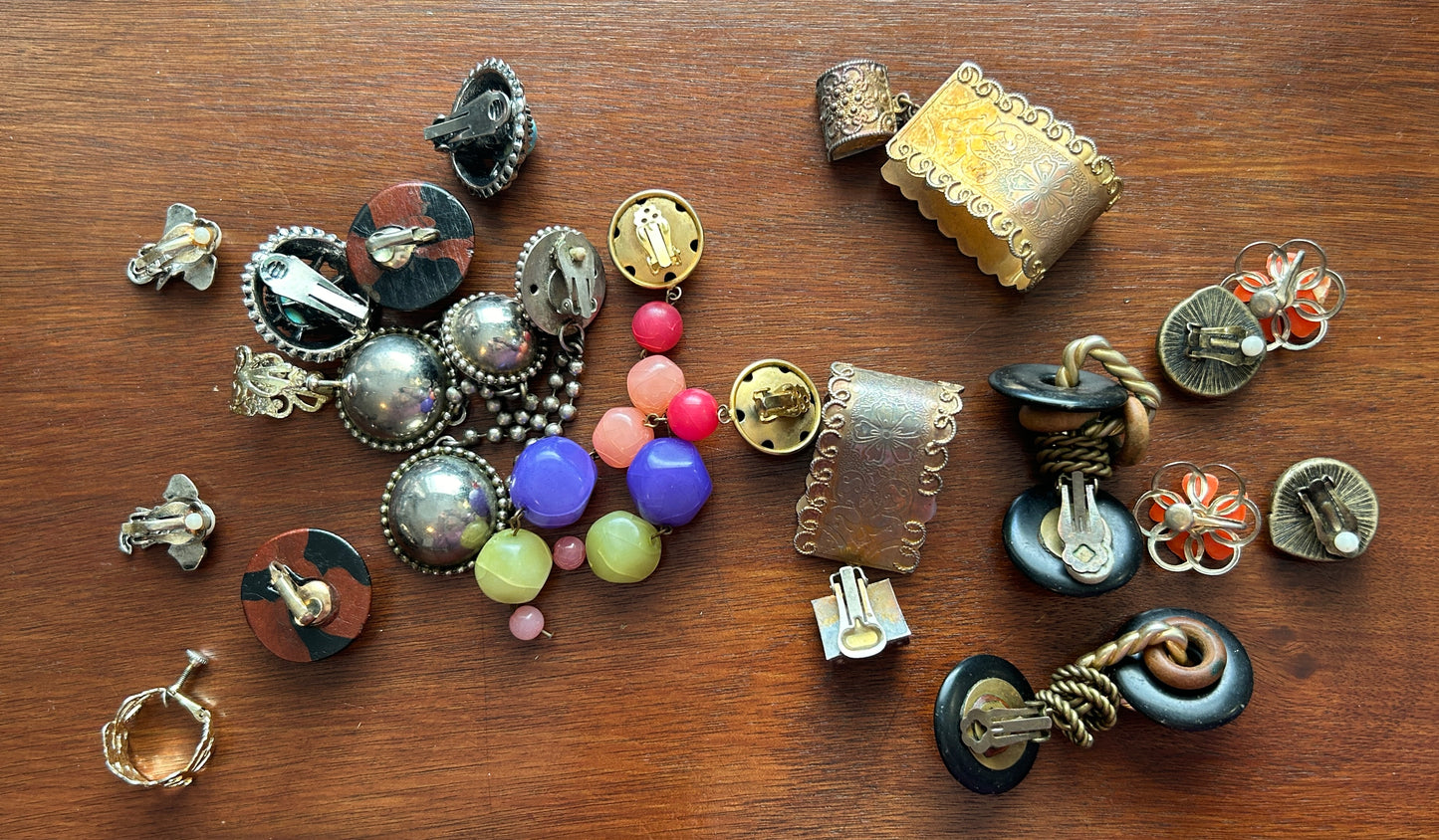 Vintage Clip On Earring Lot Doorknocker Silver Gold Boho Cabochon Wood Bead