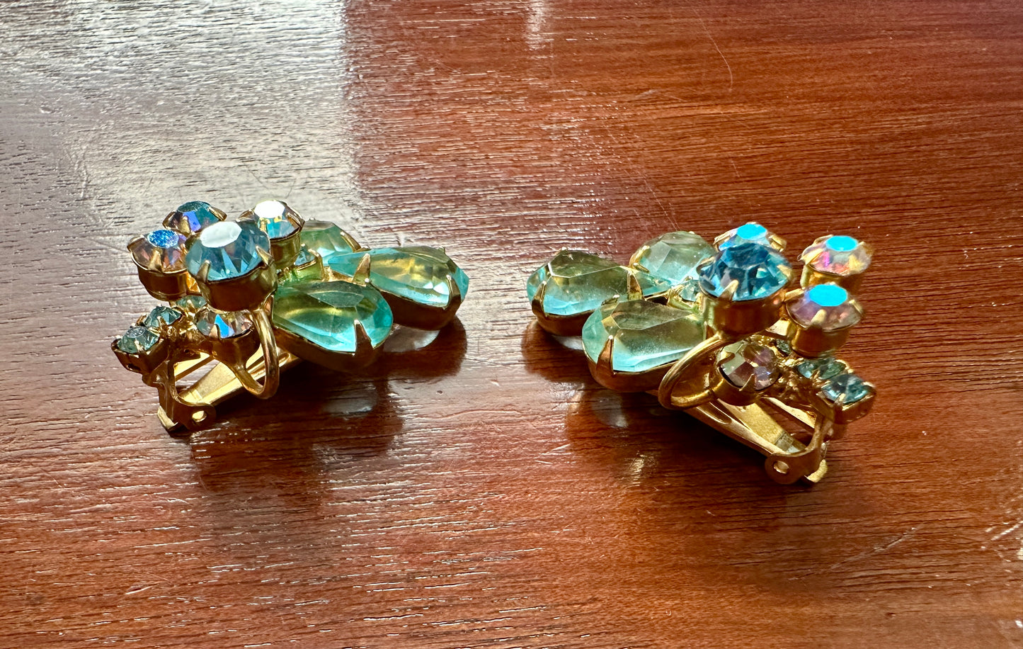 Vintage Pale Blue AB Aurora Borealis Rhinestone Gold Tone Clip on Earrings