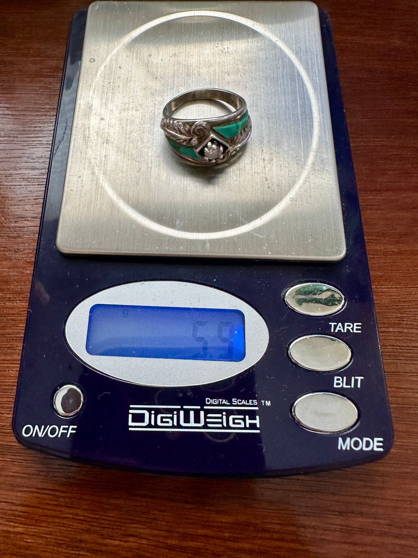 Signed CW Navajo Sterling Silver 925 Turquouse CZ Black Relief Ring Sz 7.25