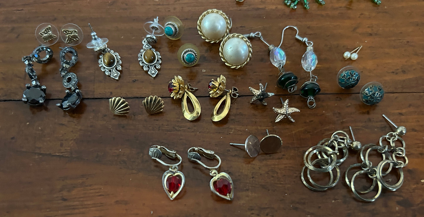 Cute Lot of Vintage to Now Earrings Pierced Tiger Eye Turquoise AB Shell Enamel