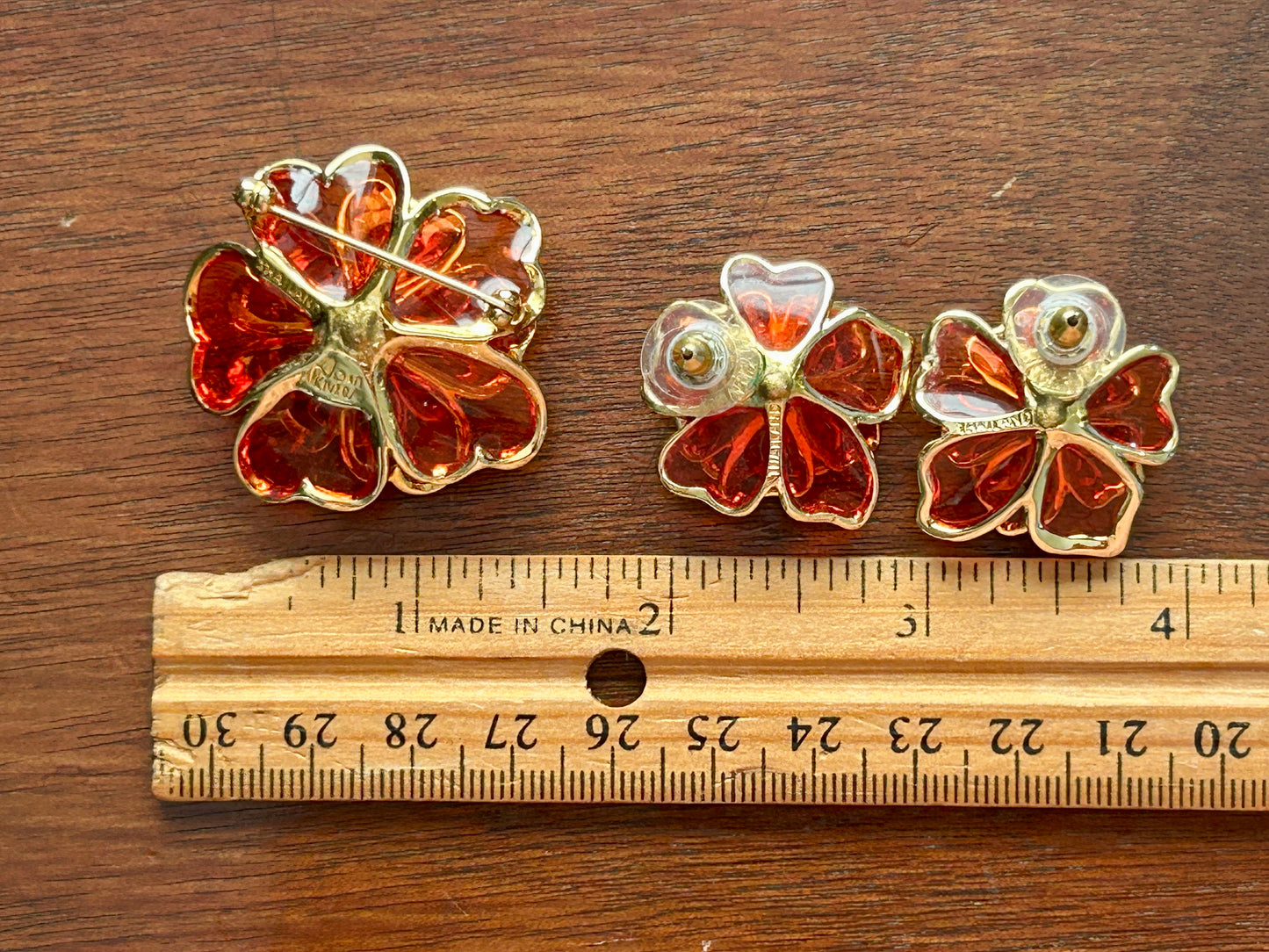 Vintage Joan Rivers Orange Glass Gripoix Flower Brooch Pierced Earrings Set