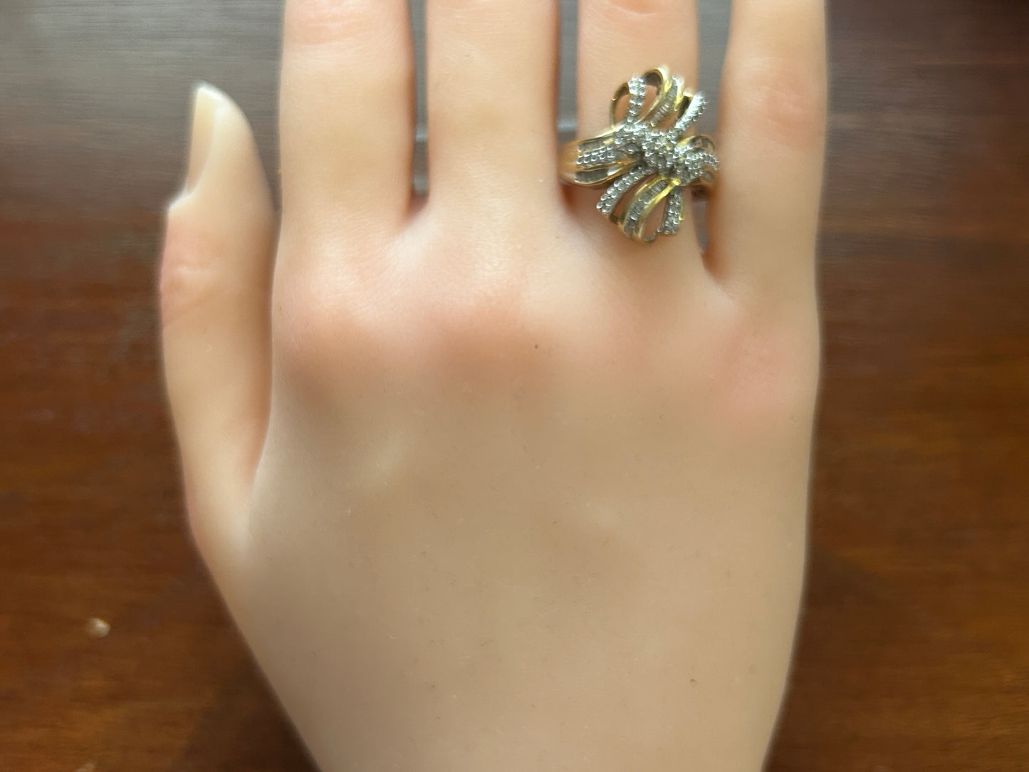10k Yellow Gold Baguette Round .44ctw Diamond Ribbon Bow Ring Sz 7