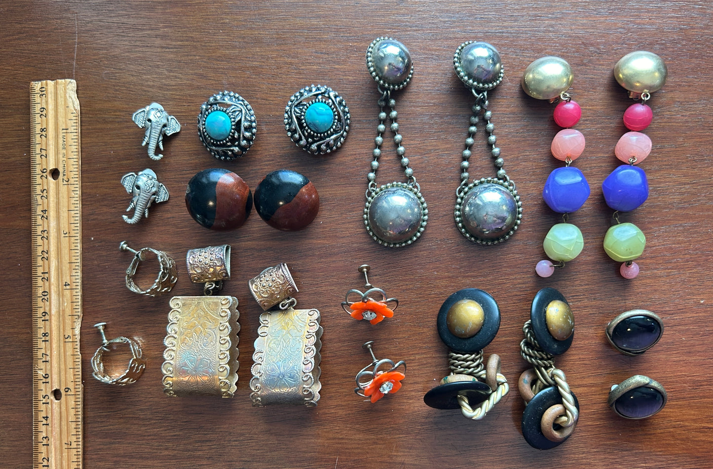 Vintage Clip On Earring Lot Doorknocker Silver Gold Boho Cabochon Wood Bead