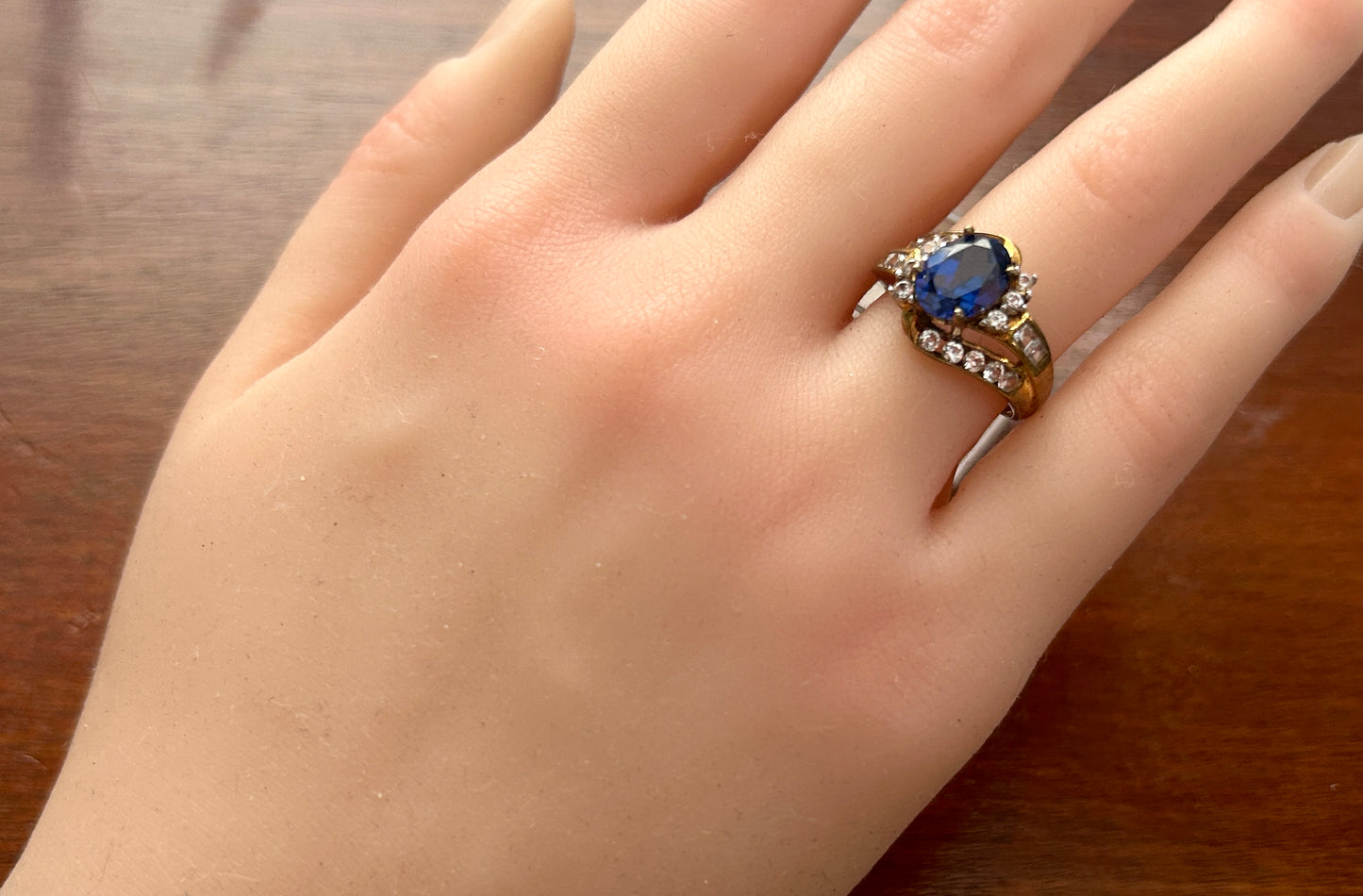Gold Plate over Sterling Silver 925 Lab Created Sapphire Cocktail Ring Sz 6.75