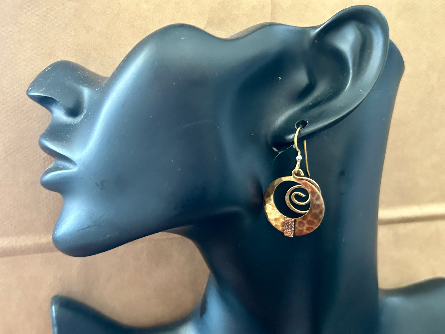 Contemporary Modern Brass Copper Silver Tone Hammered Dangly Wire Earrings