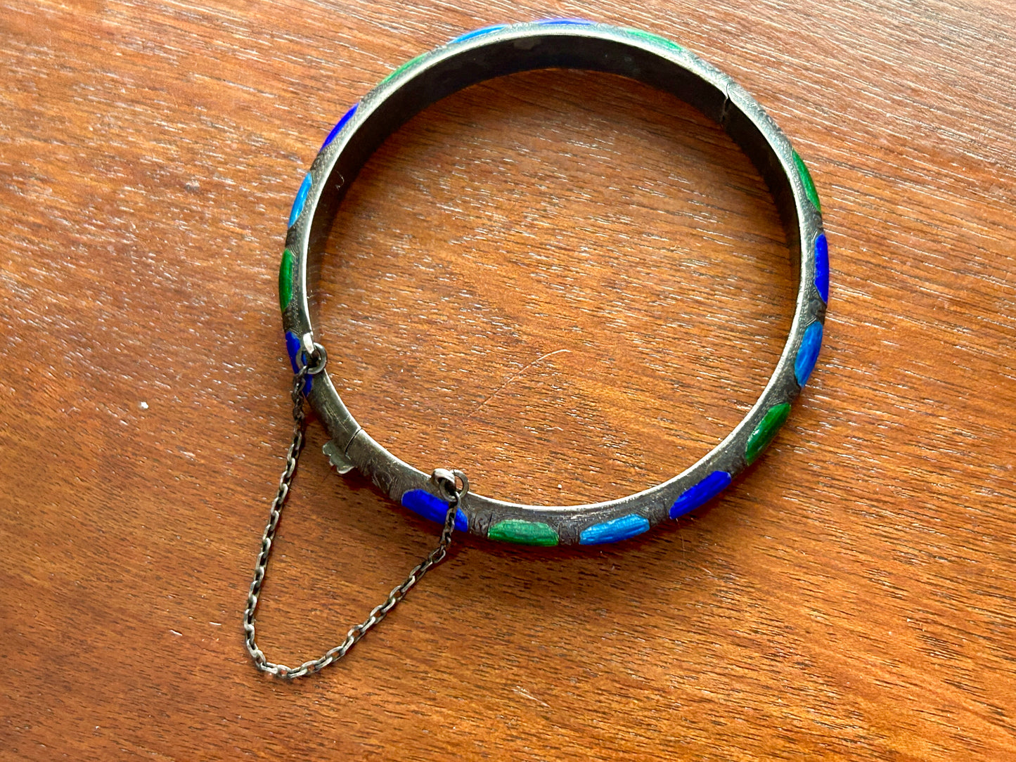 Vintage Sterling Silver 925 Siam Blue Green Guilloche Enamel Bangle Bracelet