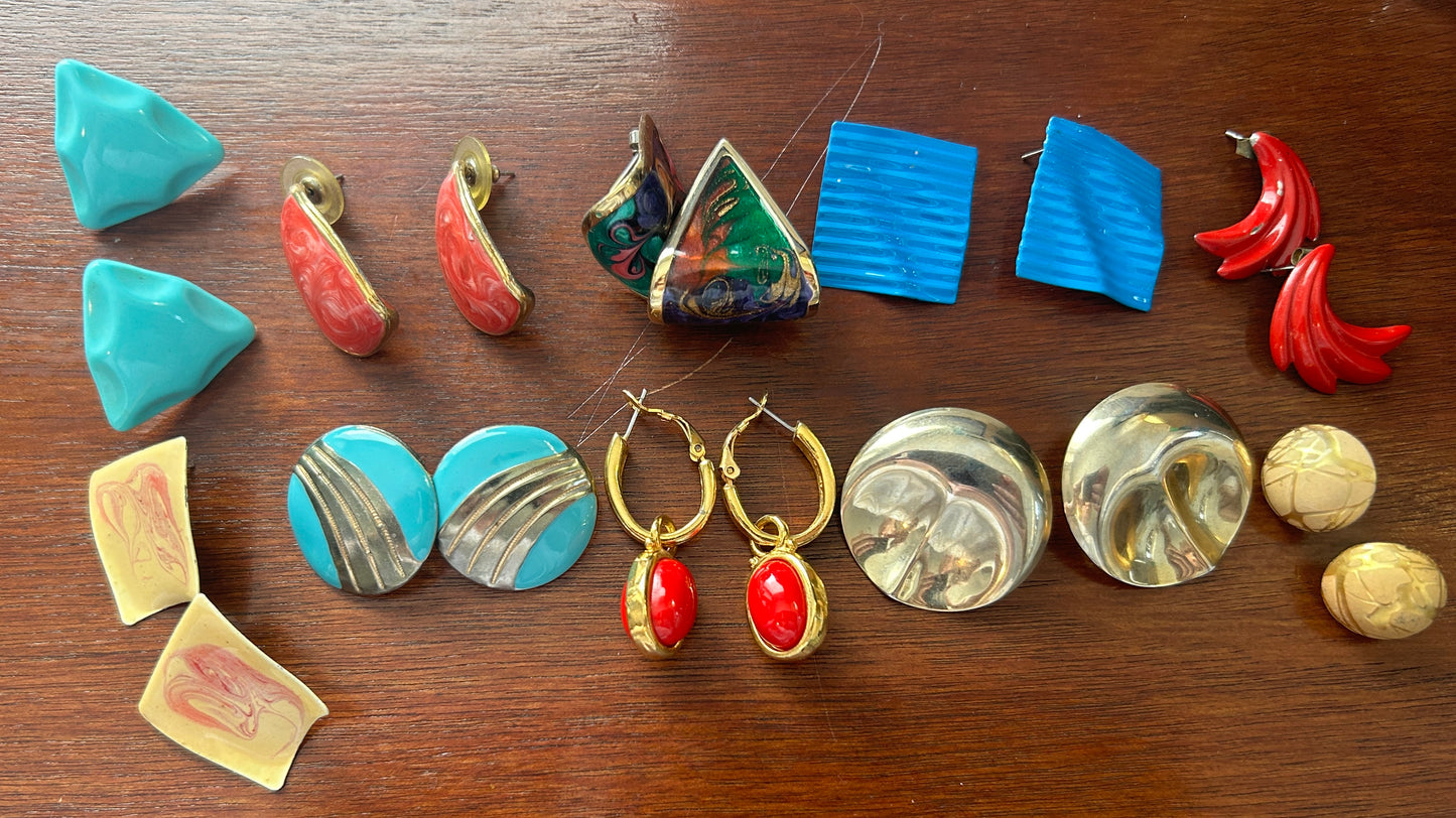 Vintage 80's Pierced Earrings Lot Enamel Swirl Bright Colors Dangly Doorknockers