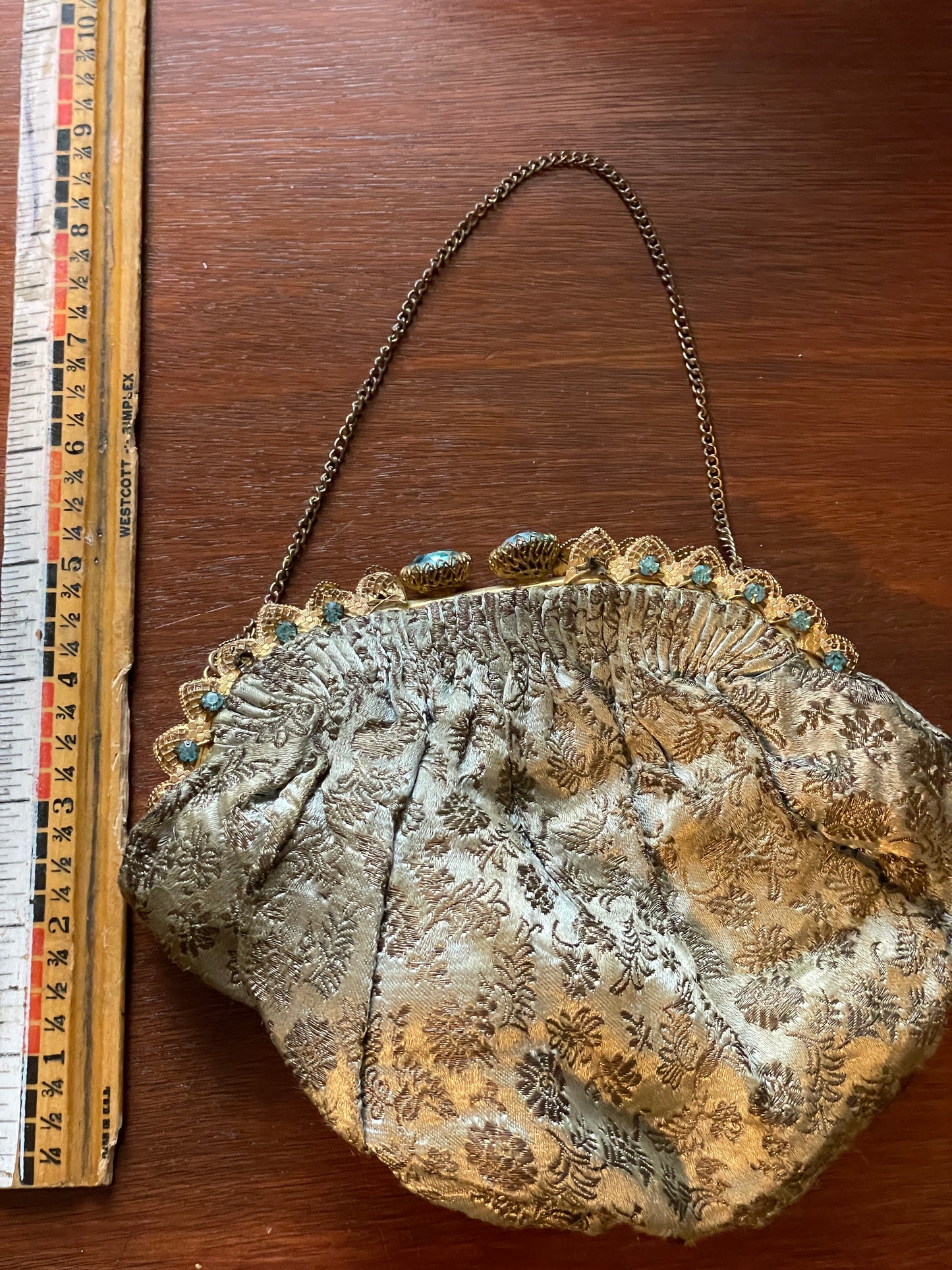 Vintage Silver Embroidered Clutch Purse Gold Tone Jeweled Clasp