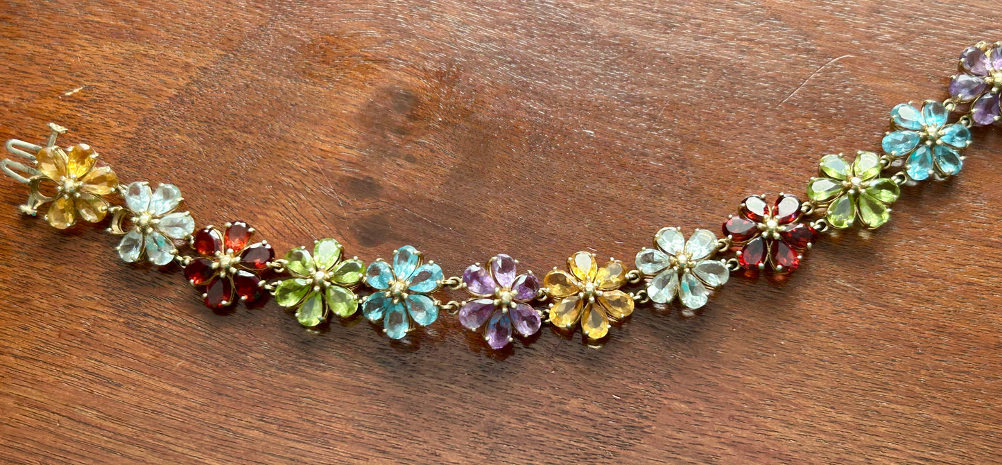 10k Yellow Gold Multicolor Gemstone Flower Tennis Bracelet MISSING STONES