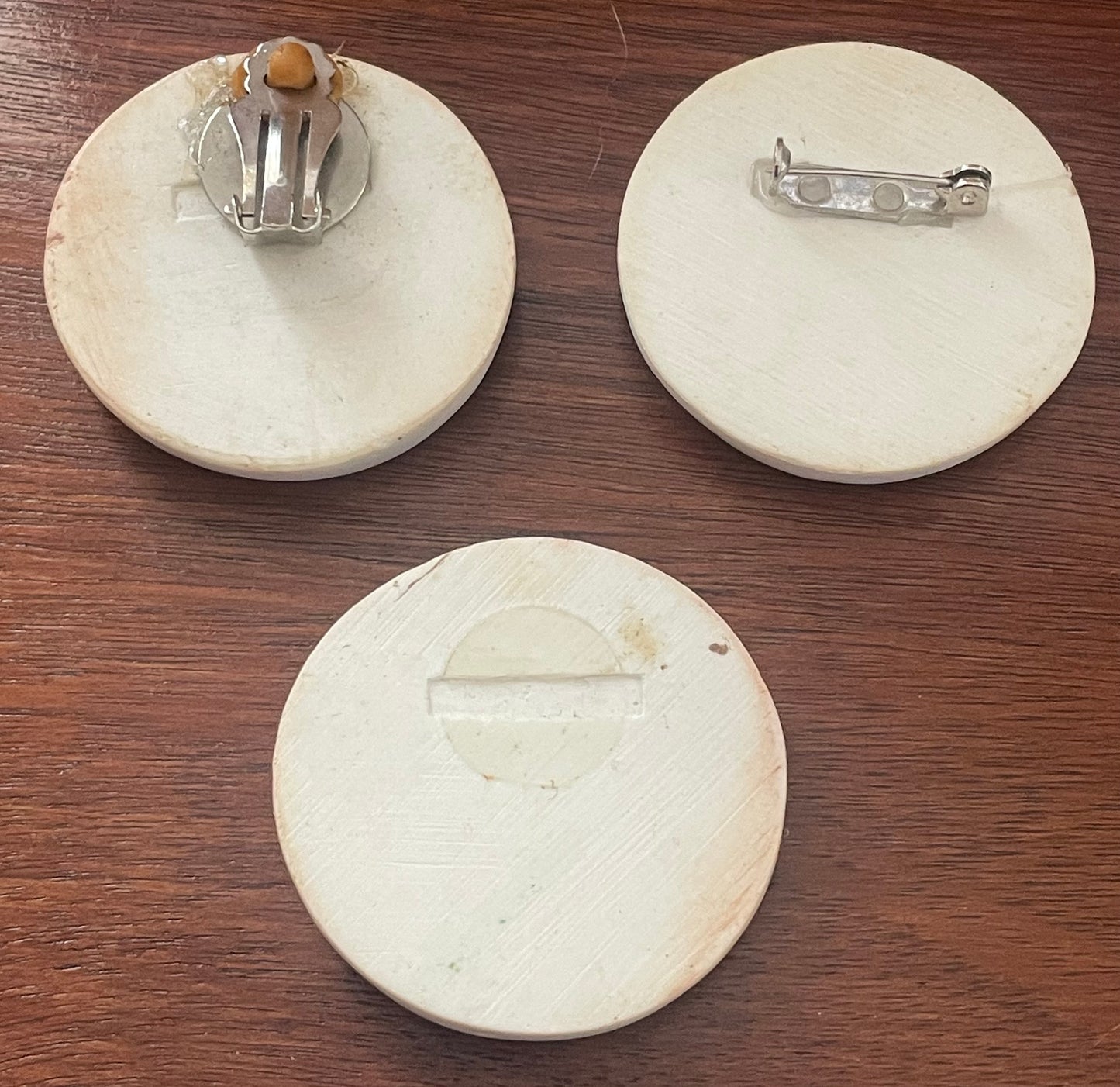 Vintage Artist Made Moon Painted Brooch Clip on Earring Set
