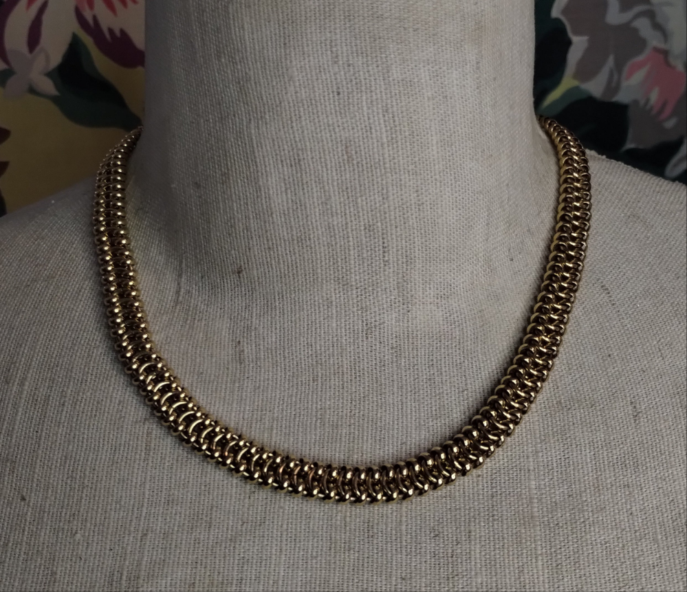 Vintage Signed Monet Gold Tone Fancy Chain Link Wide Flat Collar Necklace