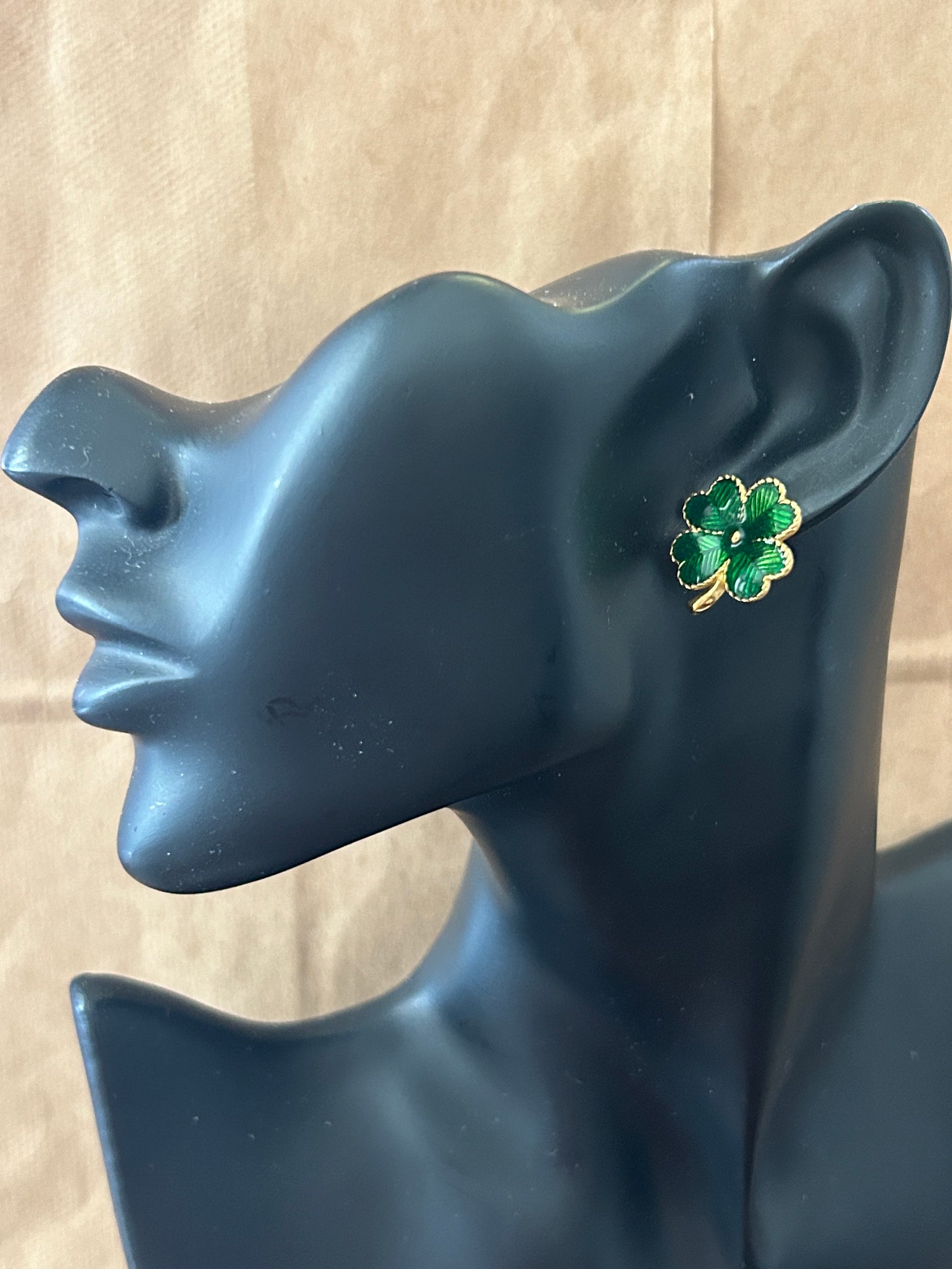 Vintage Avon Gold Tone Green Enamel Four Leaf Clover Pierced Stud Earrings