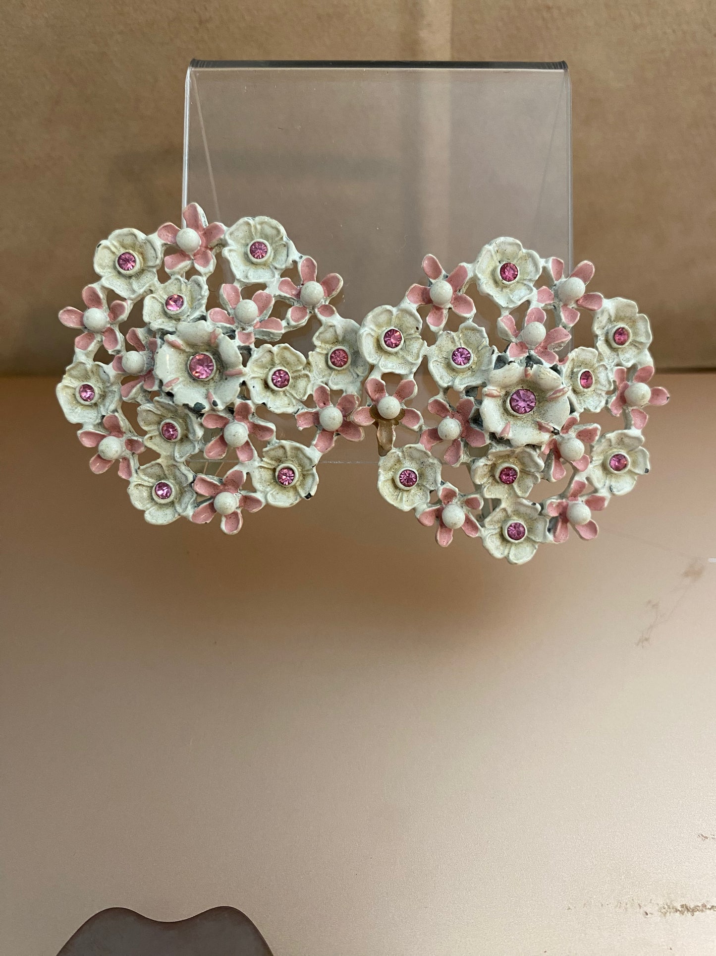 Vintage White Pink Enamel Pink CZ Clip On Earrings