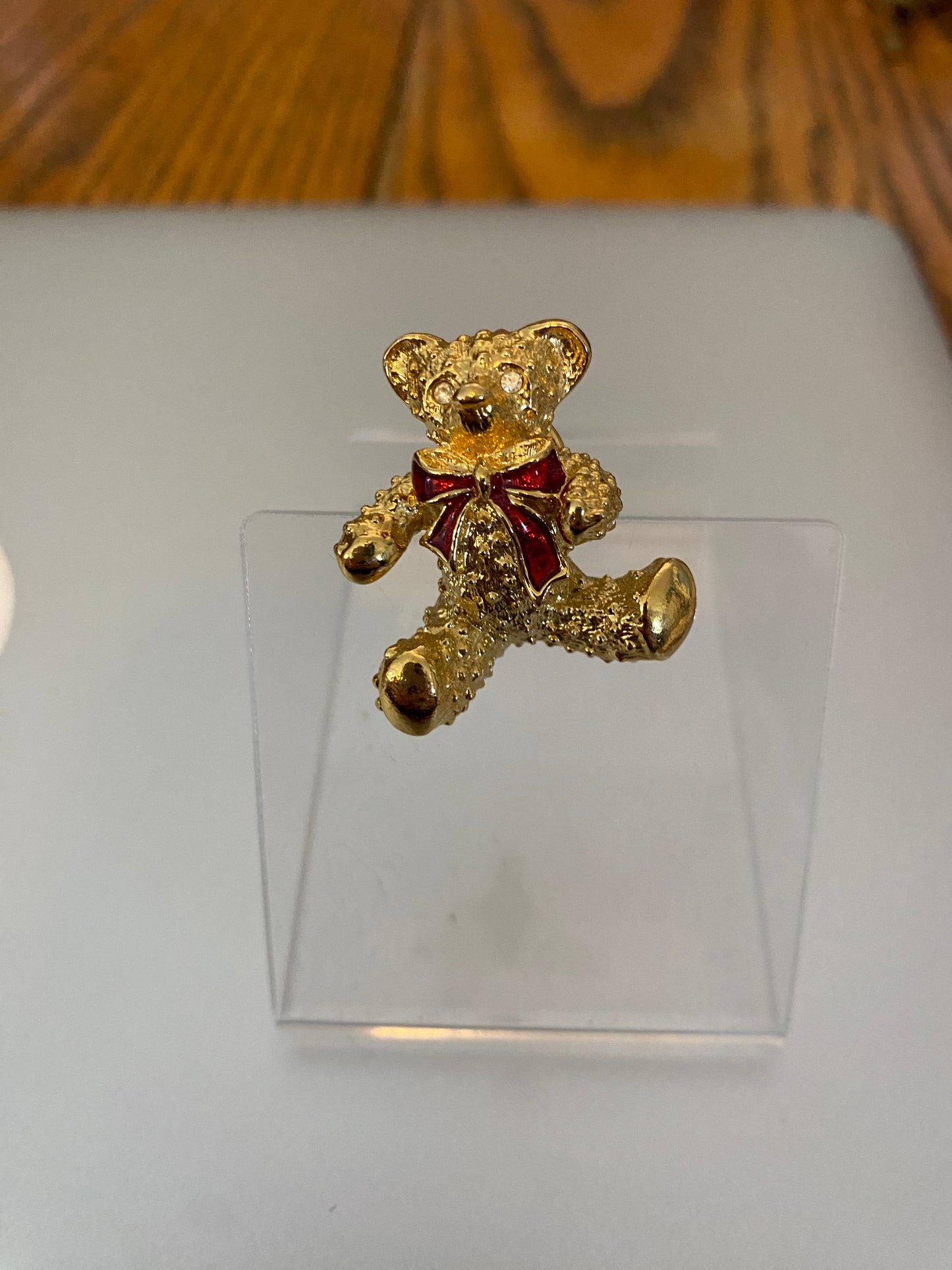 Vintage Gold Tone Red Bow Rhinestone Teddy Bear Pin Brooch