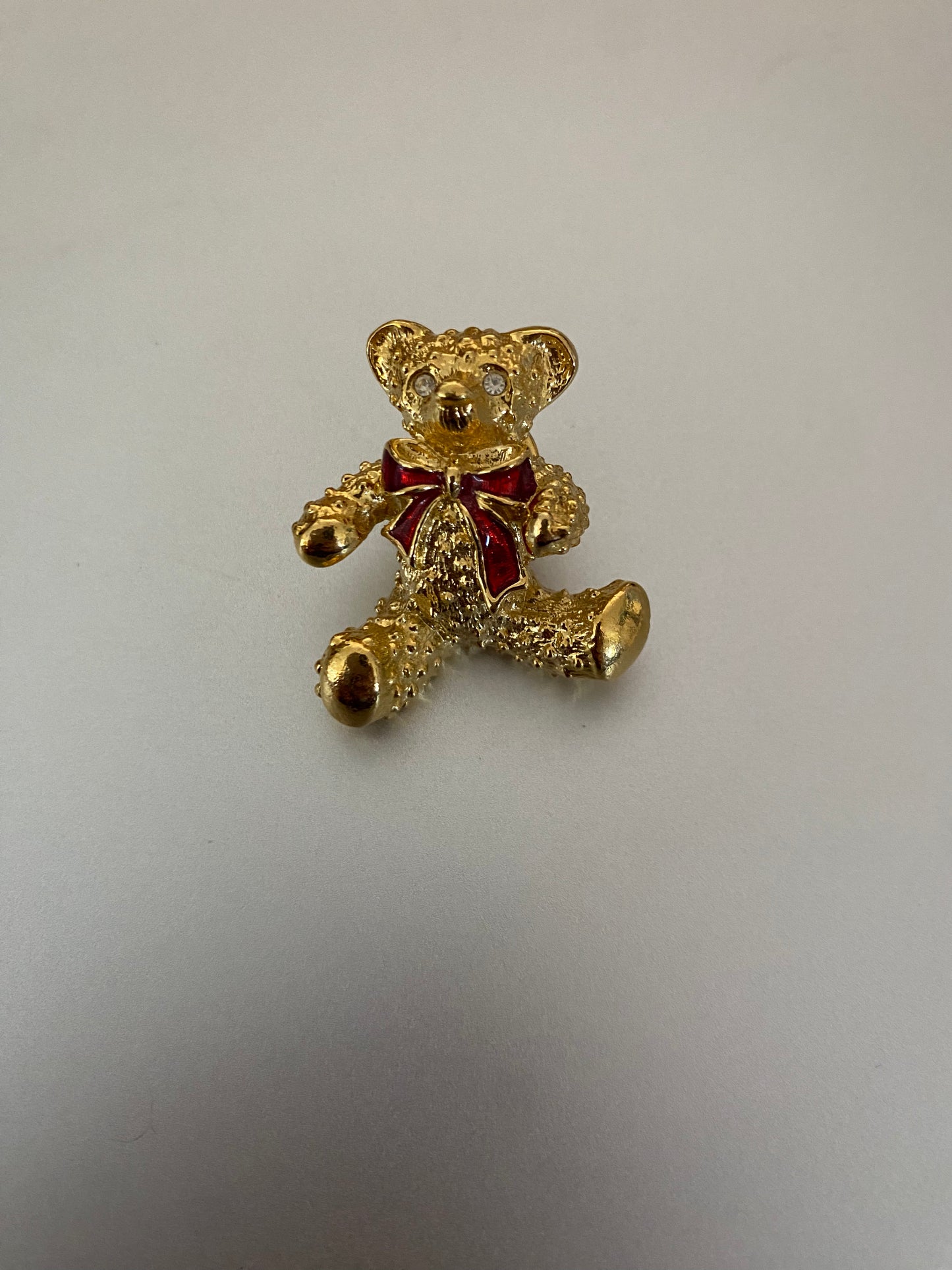Vintage Gold Tone Red Bow Rhinestone Teddy Bear Pin Brooch