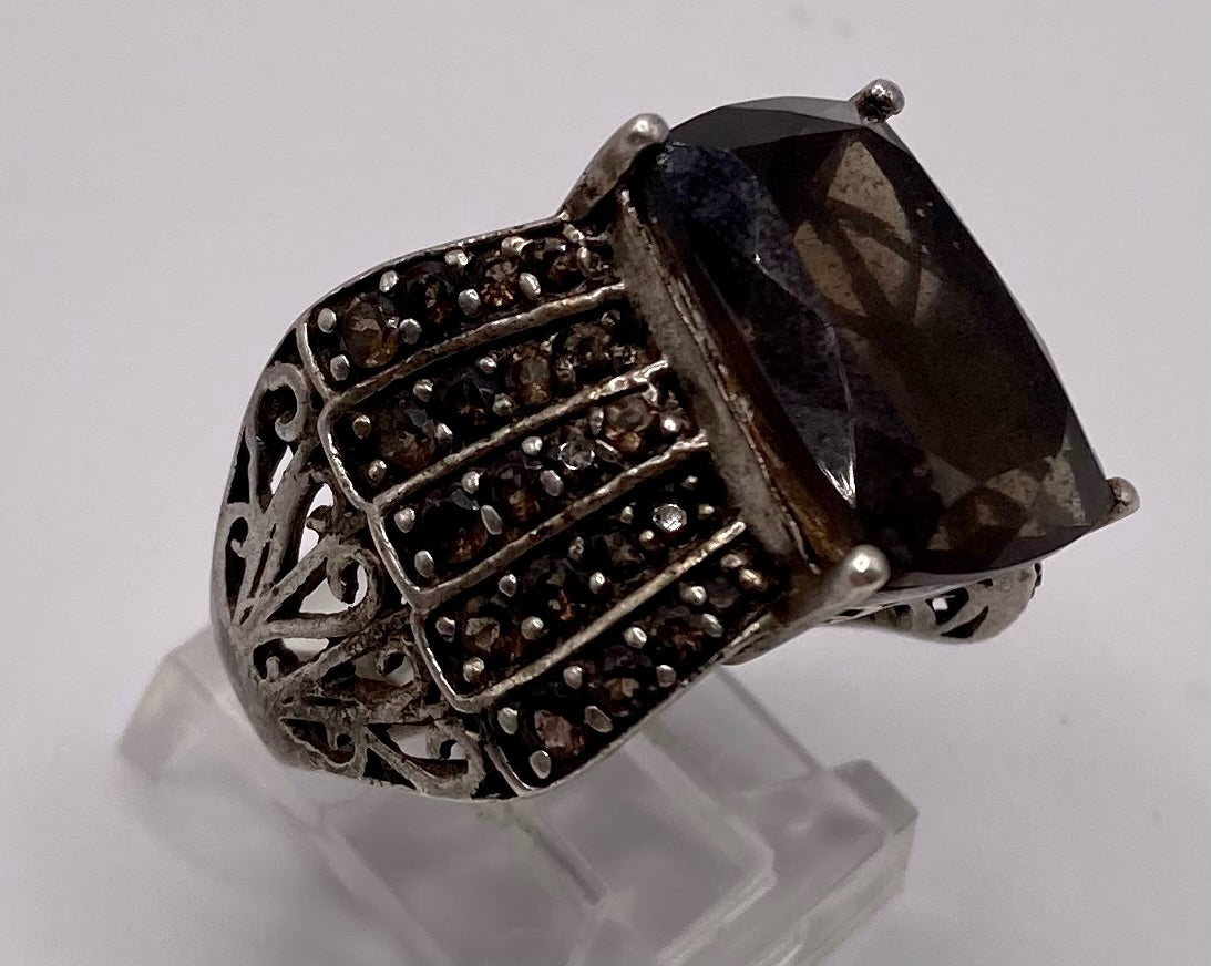 Sterling Silver 925 Amber Smokey Glass Rhinestone Ring Sz 7.5 Cocktail Style