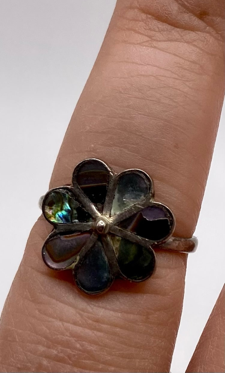 Vintage Sterling Silver 925 Abalone Inlay Flower Ring Sz 6.5