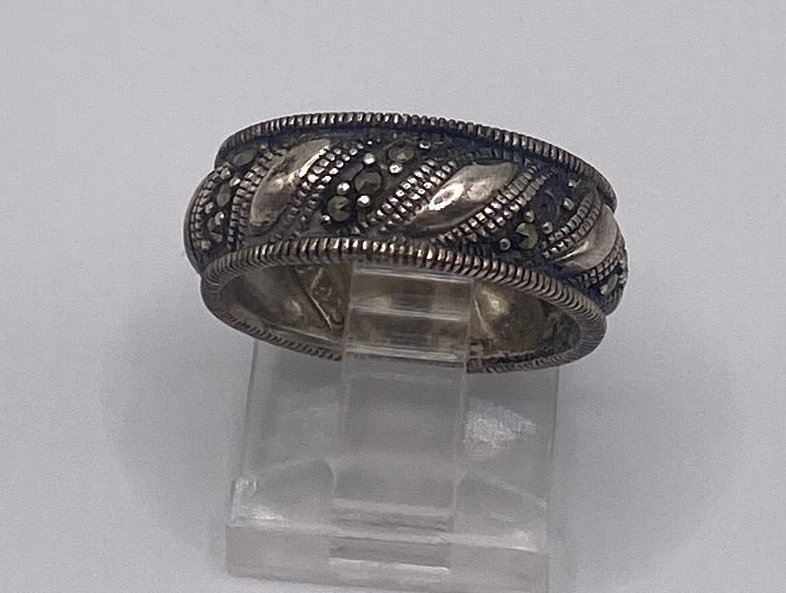Sterling Silver 925 Marcasite Wide Bead Edge Band Ring Sz 6.5