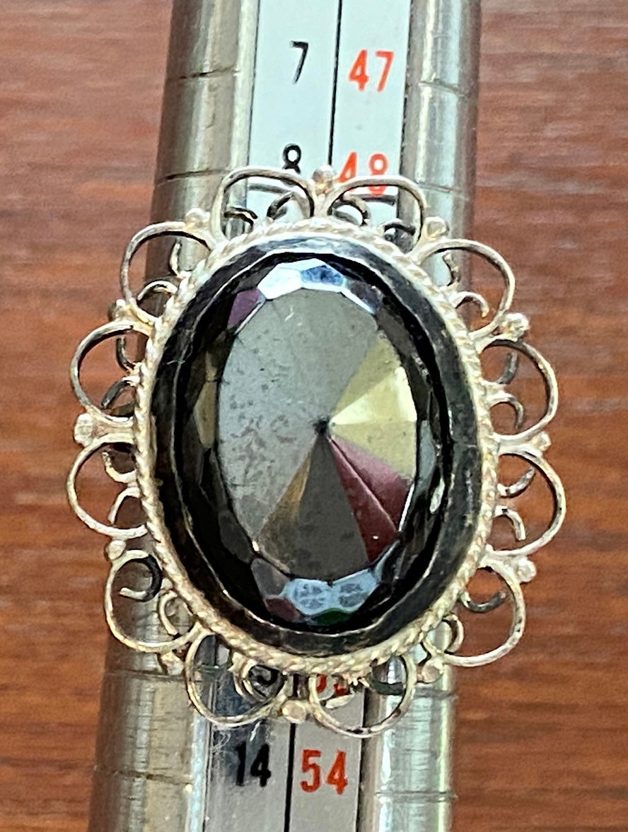 Vintage Sterling Silver Lace Edge Faceted Hematite Ring Sz 5.5