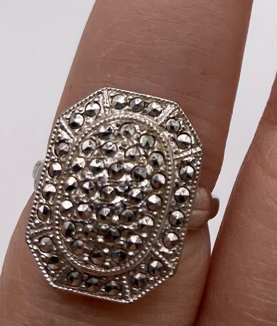 Sterling Silver 925 Marcasite Art Deco Style Domed Ring Sz 6.5 Theda
