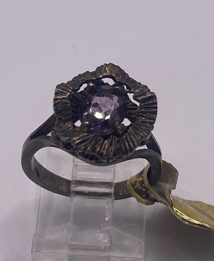 Vintage Sterling Silver Textured Flower Oval Amethyst Ring Sz 6.5