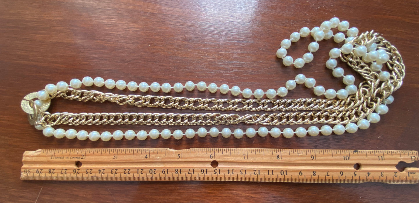 Vintage Faux Pearl Gold Tone Chain 2 Strand Necklace 34" Long