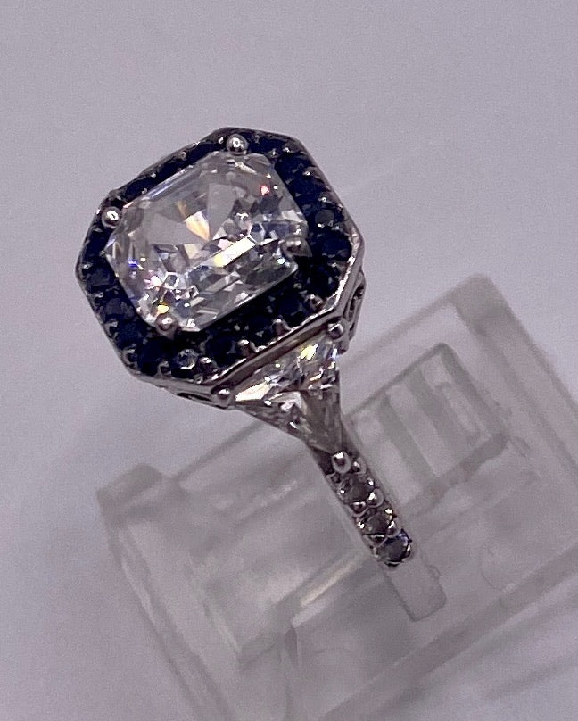 Platinum Clad Sterling Silver 925 Black Spinel CZ Asscher Trillion Cut Ring