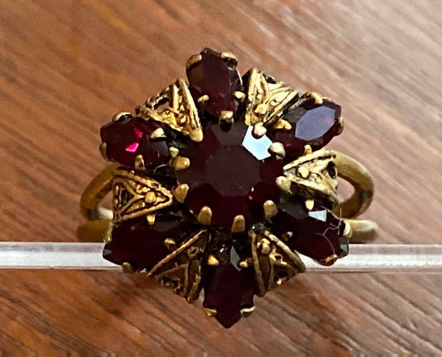 Vintage Made in Austria Cranberry Red Glass Brass Adjustable Ring