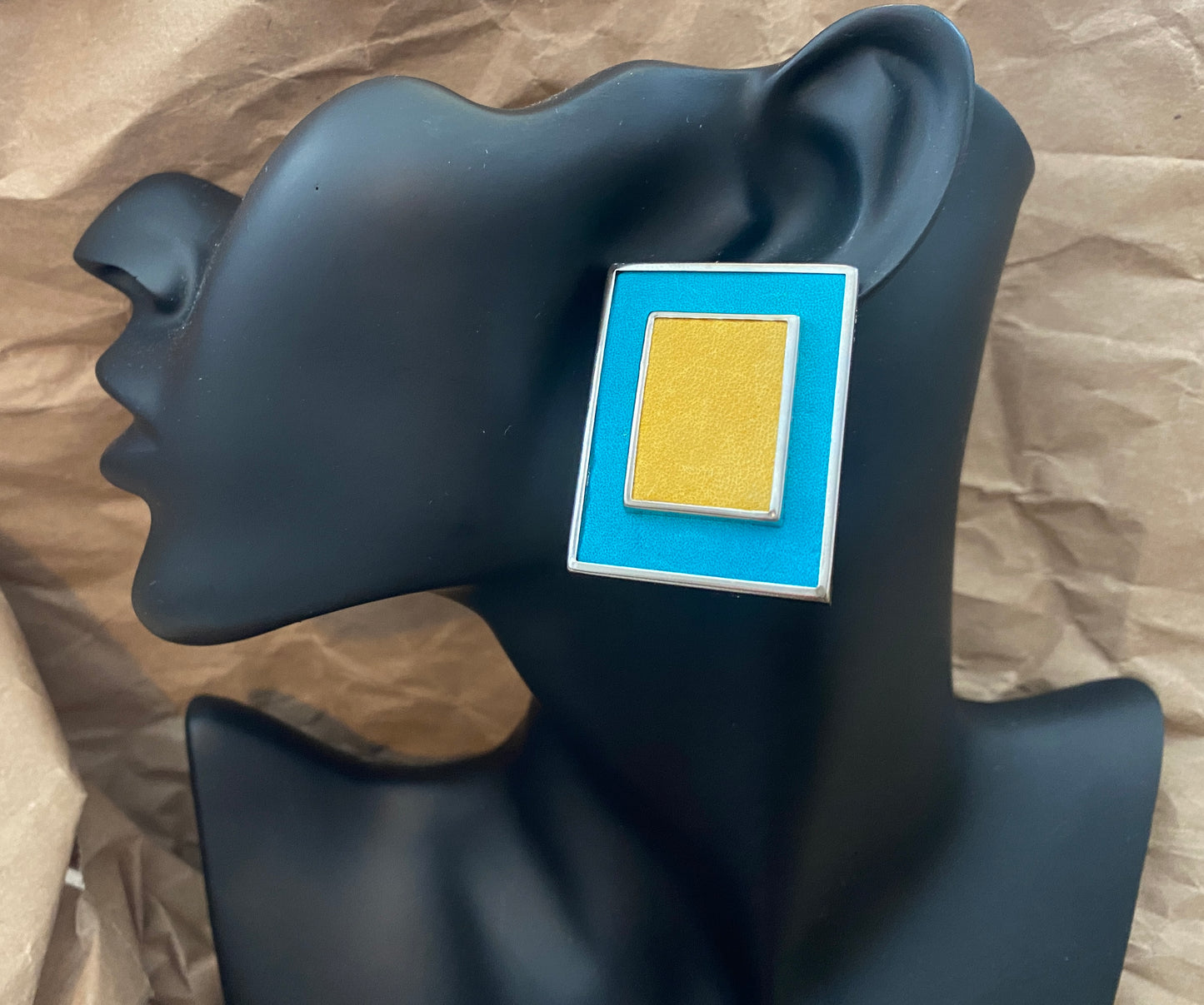 Vintage Large Graphic Suede Blue Yellow Silver Tone Statement Earrings