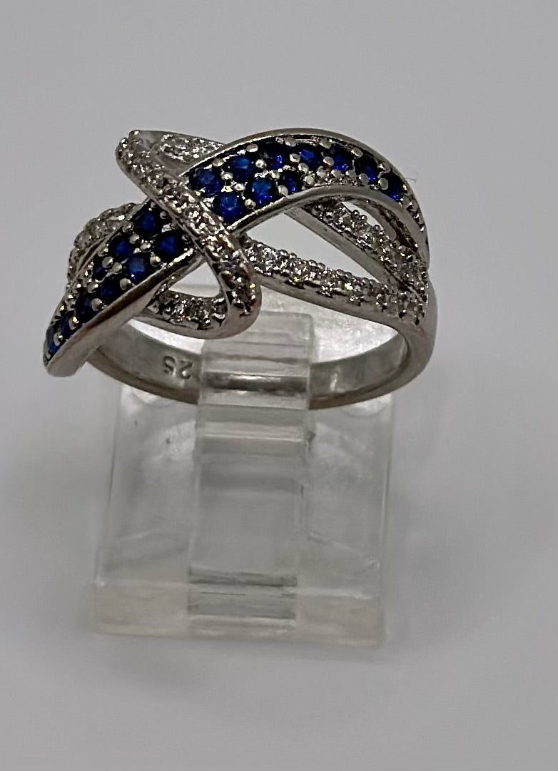 Sterling Silver 925 Blue White CZ Bypass Style Ring Sz 6.5