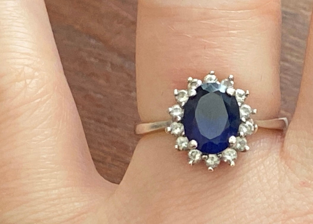 Stauer Signed Sterling Silver 925 Lab Created Blue Sapphire Halo Ring Sz 6.75