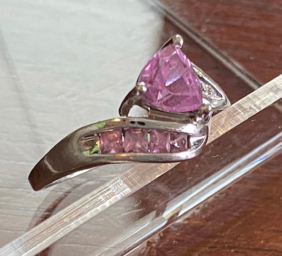 10k White Gold Trillion Cut Pink CZ Cocktail Ring Size 6.5 - Signed LGL