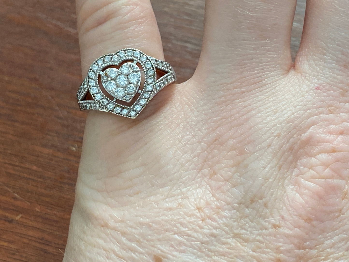 14k White Gold 1ctw Pave Diamond Heart Ring Sz 6.5