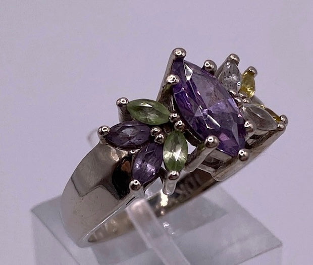 10k White Gold Marquise Semi Precious Stone Ring Sz 6.5 Signed AC