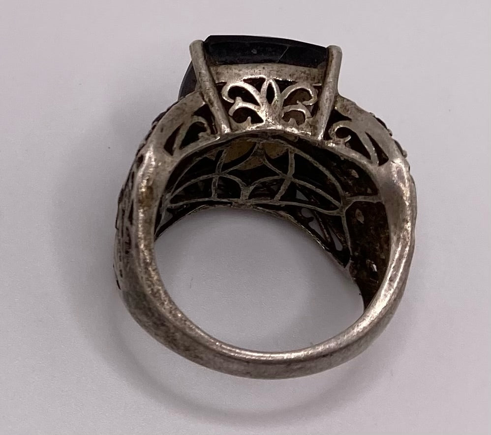 Sterling Silver 925 Amber Smokey Glass Rhinestone Ring Sz 7.5 Cocktail Style