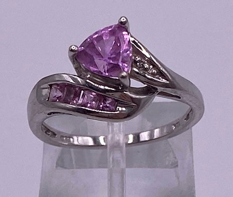 10k White Gold Trillion Cut Pink CZ Cocktail Ring Size 6.5 - Signed LGL
