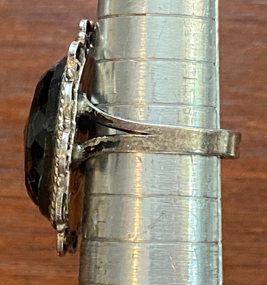 Vintage Sterling Silver Lace Edge Faceted Hematite Ring Sz 5.5