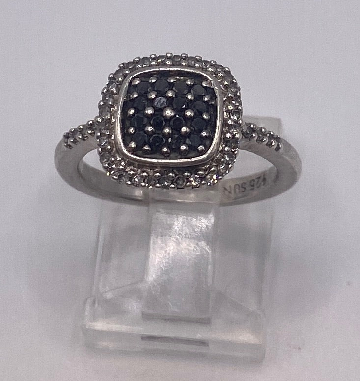 Sterling Silver 925 Black Diamond Pave Halo Ring Sz 6.5